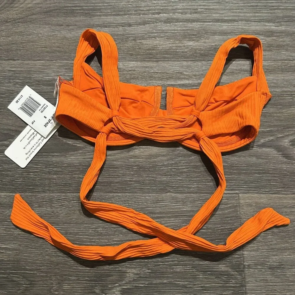 NWT L*Space Small Camellia Top Orange Poppy Tie Back Demi Cup Ribbed Swim